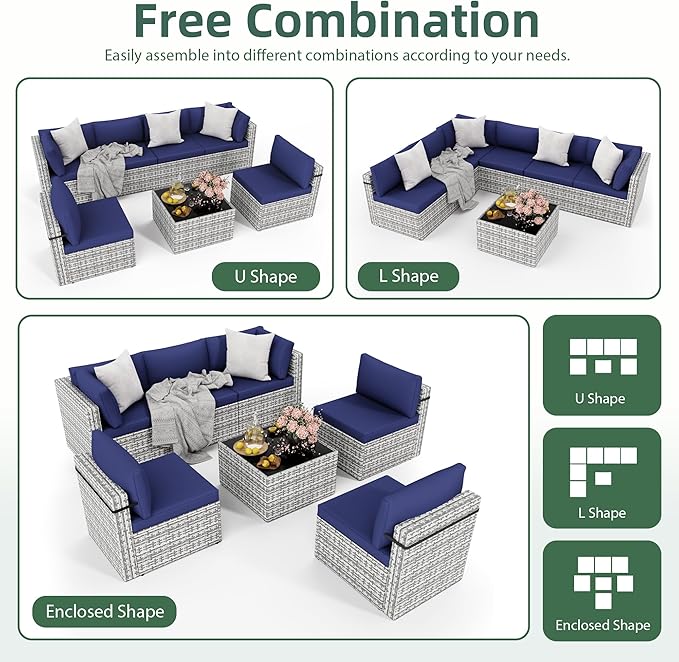 7-Piece Outdoor Sectional Sofa Set, Weather-Resistant Patio Furniture Set with Washable Cushions and Coffee Table, Grey Rattan Patio Conversation Set for Poolside, Backyard, Deck (Navy Blue)