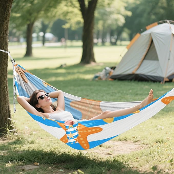 Blue White Striped Sea Starfish 330lb Capacity Camping Hammock Tree Hammock for Outside Patio Garden Bases para hamacas para adultos
