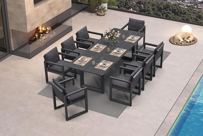 PURPLE LEAF Outdoor Dining Set for 8 Aluminum Luxury Patio Furniture Table and Chairs Set with All Weather Thick Cushion Rectangular Patio Dining Sets for Large Backyard Garden Poolside, Grey
