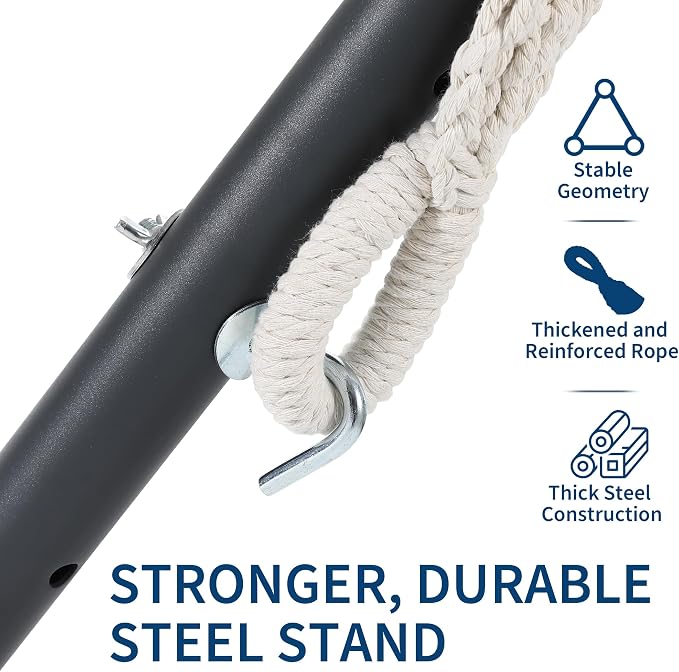 Double Cotton Hammock with Steel Stand for Outside, Brazilian Style 450lbs Capacity Portable Indoor Outdoor Lounger with Carry Bag, 2-Person Capacity, Ideal for Backyard, Garden, Camping, Onyx
