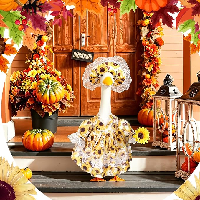 FuWeave Fall Porch Goose Outfit Maple Goose Costume Fancy Porch Geese Clothes with Wide Hat for 23" 17" Outdoor Patio
