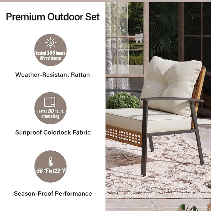 LAUSAINT HOME Outdoor Rattan Bistro Set, Patio Furniture Wicker Chairs Set of 4 with Deep Seating and Thick Cushions, Oversize Conversation Set for Garden, Balcony and Backyard (Beige)