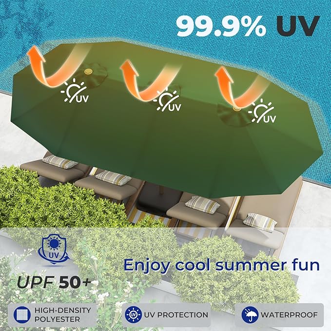 BRIOPAWS 15-FT-Large-Patio-Umbrella-with-Base | Double-Sided | Outdoor Table Umbrellas | w/Crank Handle | 12 Sturdy Fiberglass Rib | UV-Protection | for Garden Deck Backyard Pool | Forest Green