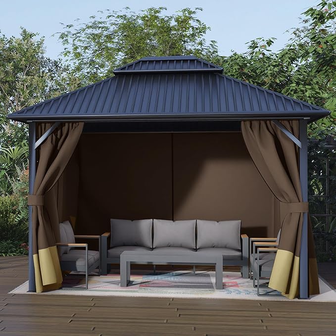 Aoodor 12x12 ft Outdoor Gazebo Curtains, 4 Panels Waterproof Privacy Sidewall Replacement with Zipper for Patio Pergola and Canopy, Brown and Khaki
