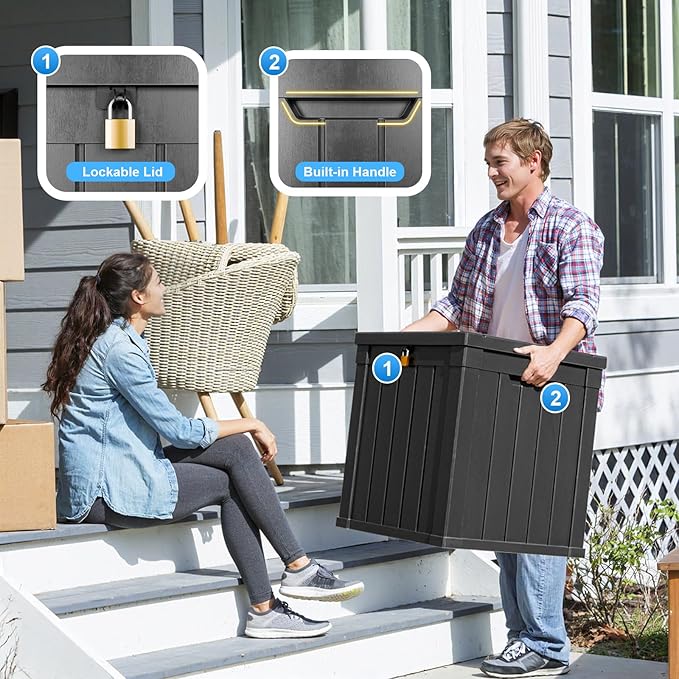 PatioZen 50 Gallon Outdoor Deck Box,Waterproof Resin Outdoor Storage Boxes, Outside Storage Lockable Container for Garden Tools,Indooor Cushions,Accessories (Black)