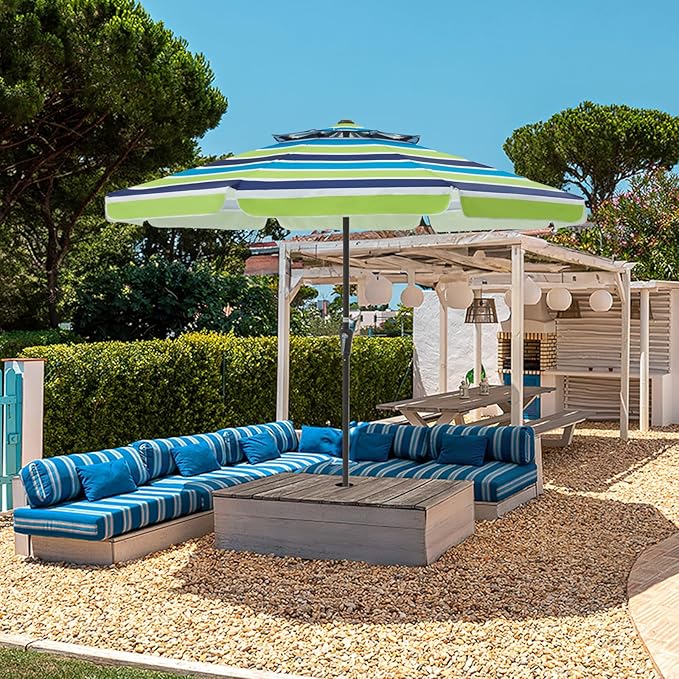 JEAREY 9' 2-Tiers Patio Umbrellas Outdoor Market Table Umbrella w/Push Button Tilt/Crank, 8 Sturdy Ribs, UV Protection Waterproof Sunproof(Bold Blue-Green Stripe)