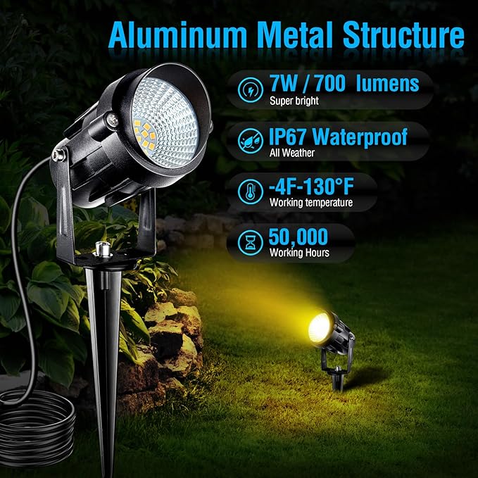 7W Low Voltage Landscape Lighting with Connectors AC/DC 12-24V IP67 Waterproof 3000K Warm White Outdoor Spotlights for Yard Pathway Garden Trees (6 Pack)