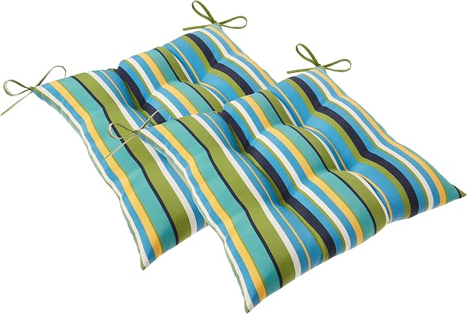 Pillow Perfect Stripe Indoor/Outdoor Chair Seat Cushion with Ties, Tufted, Weather, and Fade Resistant, 18.5" x 19", Blue/Green Topanga, 2 Count