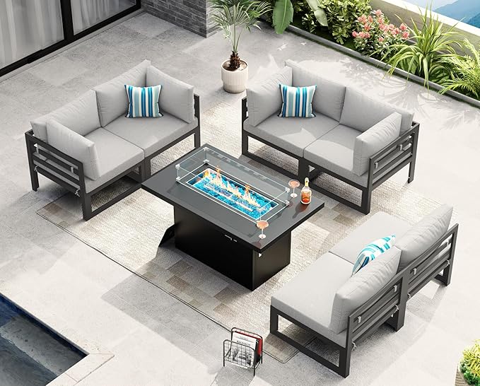NICESOUL 7 Piece Oversized Modular Aluminum Outdoor Furniture Set with Fire Pit Table, 29" Deep Wide Sectional Seating, 500 lbs High Weight Capacity Patio Conversation Set for Garden Deck, Light Grey