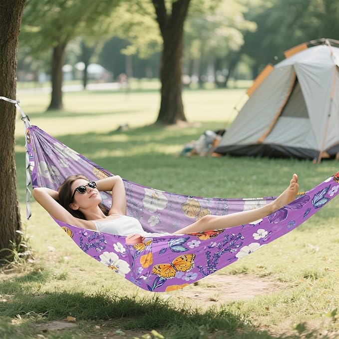 Camping Hammock Outdoor Hammocks for Outside White Flower Butterfly Purple Beach Trees Portable Lightweight with Pockets Tree Straps Indoor