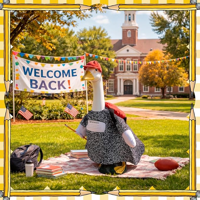 Back to School Porch Goose Outfit First Day of School Composition Notebook Goose Clothes Dress with Red Hat Backpack Pencil Geese Costume for 17-23 Inch Geese Statue Lawn Outdoor Patio Decor