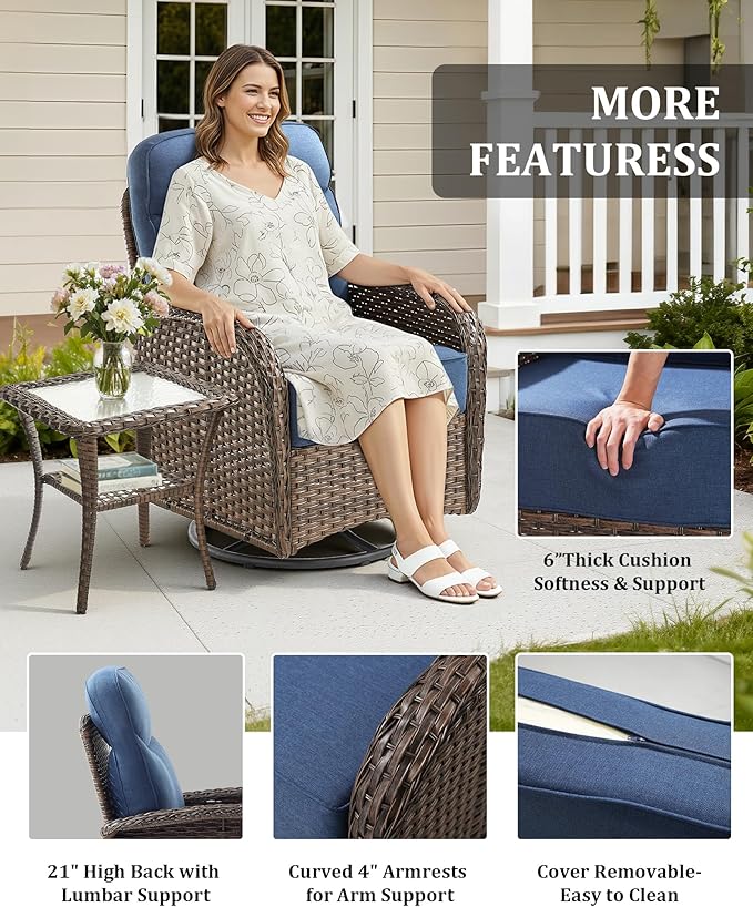 10-Piece Luxury Patio Furniture Set with 42.5" Fire Pit Table, Outdoor Wicker Sofa Couch & Swivel Rocker Chairs with 6-inch Thick Cushion, Conversation Set for Poolside, Deck & Yard - Blue
