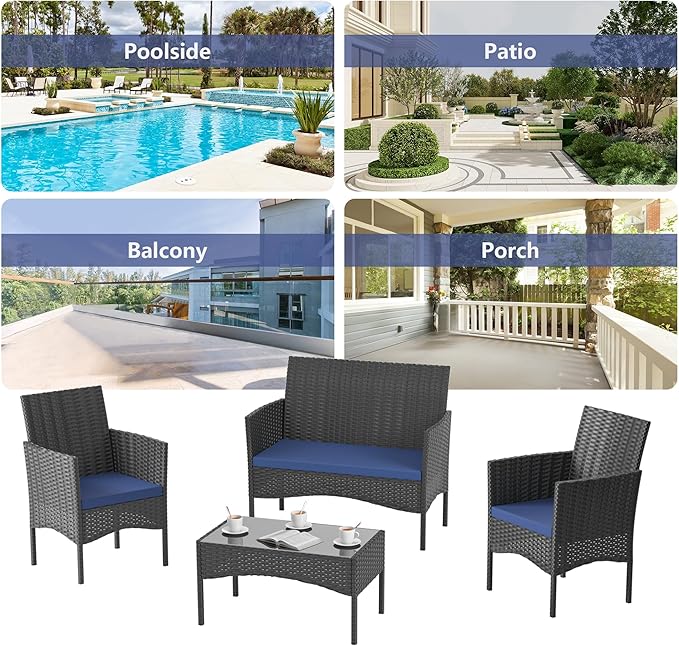 4 Pieces Outdoor Patio Furniture Sets,Wicker Conversation Set with Coffee Table,Loveseat and Wicker Patio Chairs with Soft Cushion for Porch, Garden, Lawn(Navy Blue)
