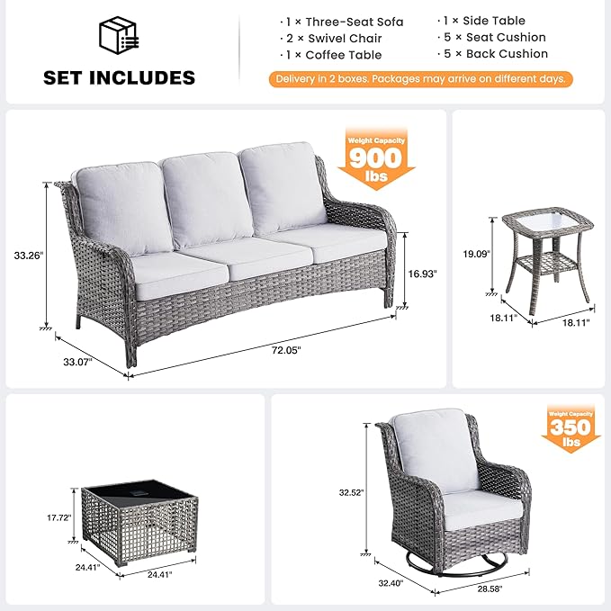 ovios 5-Piece Patio Furniture Set with Swivel Chairs Coffee Table, Outdoor Wicker Sofa with Comfy Cushions, High Back Couch Modern Conversation Sets, Grey/Grey