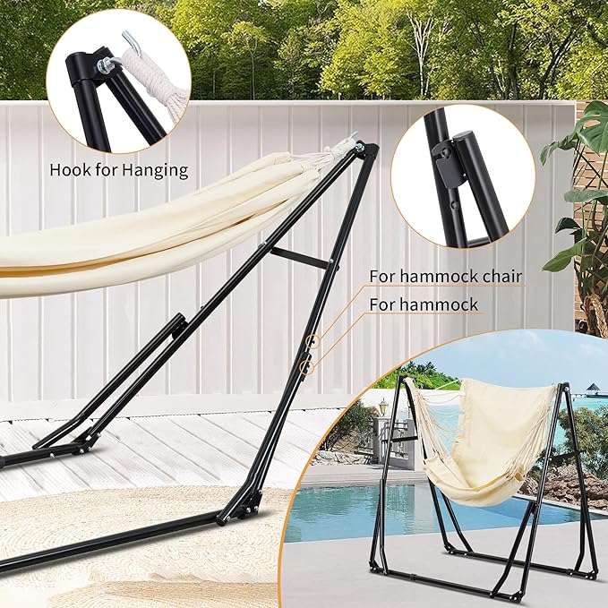 Ainfox Hammock with Foldable Stand, 2 in 1 Hammock and Swinging Chair with Carrying Bag, Portable Camping Chair Suitable for Outside, Swing,Patio,Garden,Camping Trip Beige