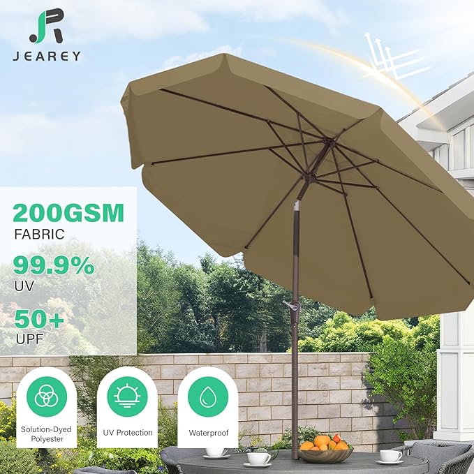 JEAREY 9 FT Patio Umbrella Outdoor, Table Umbrellas Market Umbrella w/Push Button Tilt/Crank, 8 Sturdy Ribs(Tan)