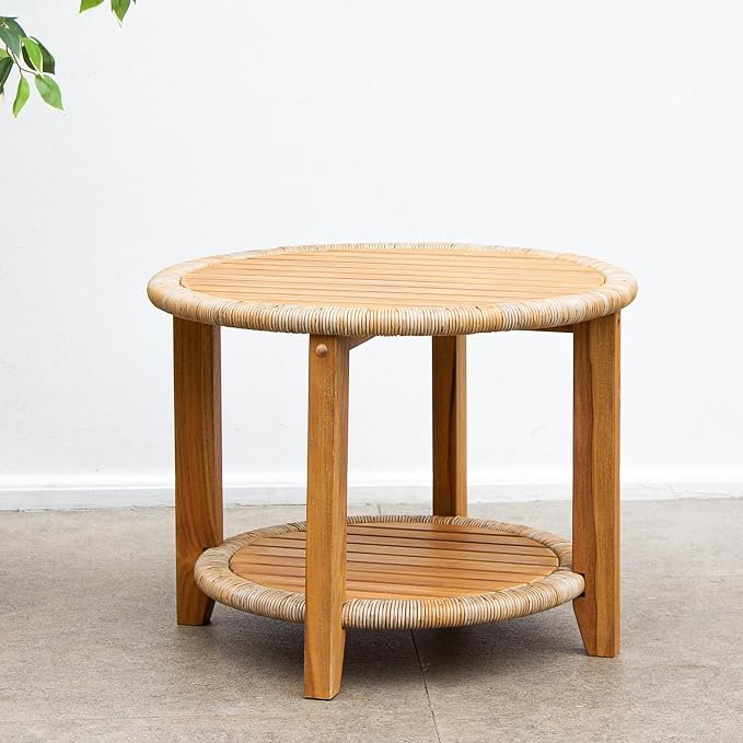 Cambridge Casual Seaside Outdoor Side Table, Natural Teak/All-Weather Wicker