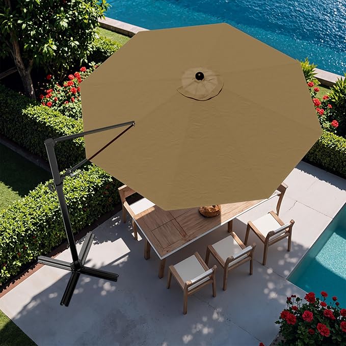 Devoko 10ft Cantilever Patio Umbrella, Round Large Outdoor Umbrella with 360-Degree Rotation, Hanging Offset Market Sun Umbrella, Easy Tilt and Heavy-Duty Frame, for Patio Backyard Garden, Brown