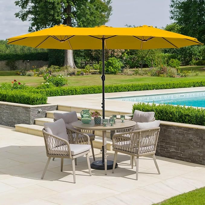 HERA'S PALACE Umbrella Patio Outdoor with Base 15ft Rectangle Table Double Market Umbrellas Clearance Large Included Stand for Deck Outside Pool Picnic Inground Yard Commercial (Gold Yellow)