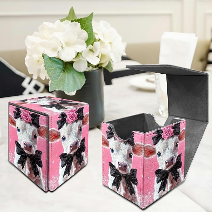 Pink Flower White Cow Card Deck Box for MTG, Personalized Card Storage Case Fits 120+ Sleeved Cards, Premium Leather TCG Box with Strong Magnetic Closure for Magic, PTCG, Baseball Cards