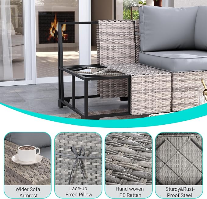 8-Piece Outdoor Patio Furniture Set Wicker Sectional Sofa Set with Ottomans, Patio Conversation Set with Thickened Cushions & Coffee Table for Garden, Backyard, Poolside, Grey