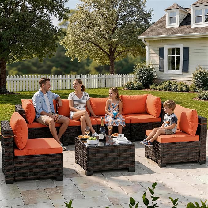LAFWLL 7 Pieces Outdoor Patio Furniture Sets,Rattan Conversation Sectional Set,Manual Weaving Wicker Patio Sofa with Tea Table