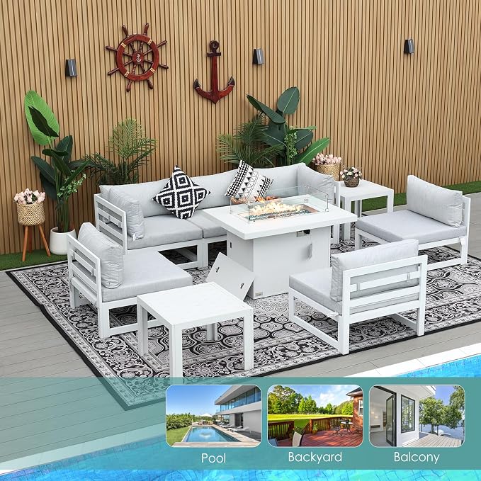 RADIATA 9 Pieces Aluminum Patio Furniture Set with Fire Pit Table, Morden Outdoor Sectional Sofa, Large Conversation Seat with Thick Cushion for Garden Backyard Deck Porch (White)