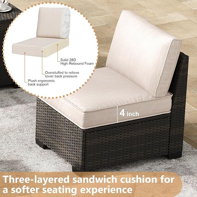 JOYURE 7 Pieces Patio Furniture Set, Outdoor Sofa with Waterproof Cushions&Ottoman, Rattan L Shaped Patio Couch & Coffee Table, Modern Outdoor Furniture for Backyard, Deck, Balcony – Beige