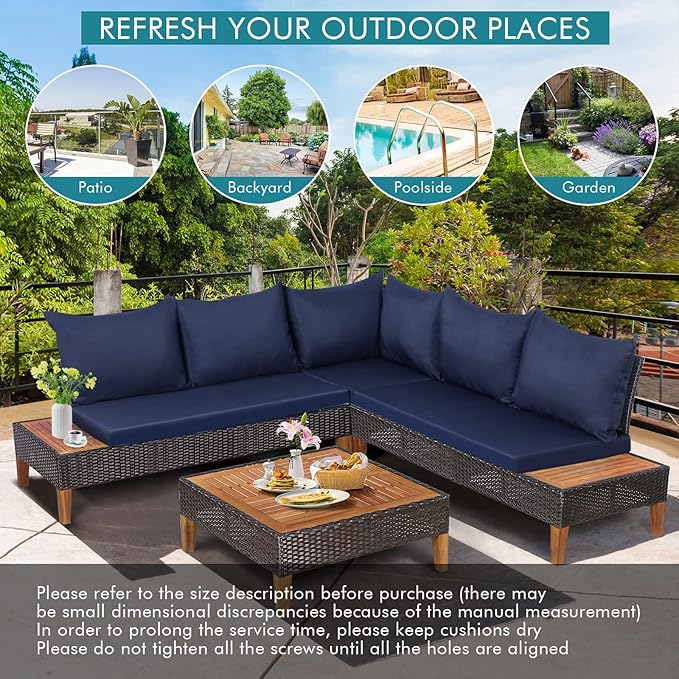 Tangkula 4 Pieces Acacia Wood Patio Conversation Set, Patiojoy Outdoor PE Rattan Sectional Sofa Set with Coffee Table, Corner Sofa & 2 Loveseats, for Backyard Garden Poolside