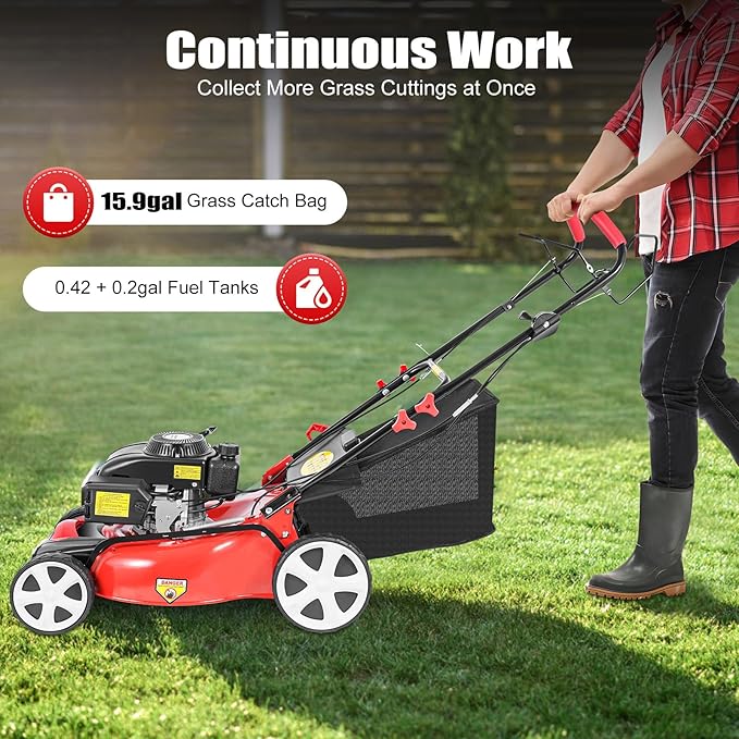 Self Propelled Gas Lawn Mower, 140CC 4KW Gas Engine Lawn Mower with 20In Blade, 4-Stroke 5HP Lawnmower with 15.9Gal Capacity Bag & 8 Position Height Adjustable, Push Lawn Mower for Lawn Weeding