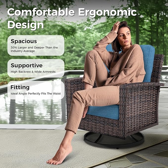 Swivel Patio Wicker Chairs Set of 2, High Back Outdoor Swivel Patio Rattan Chairs with 5.5" Thick Cushions for Bistro Balcony Porch Deck and Yard, Navy Blue