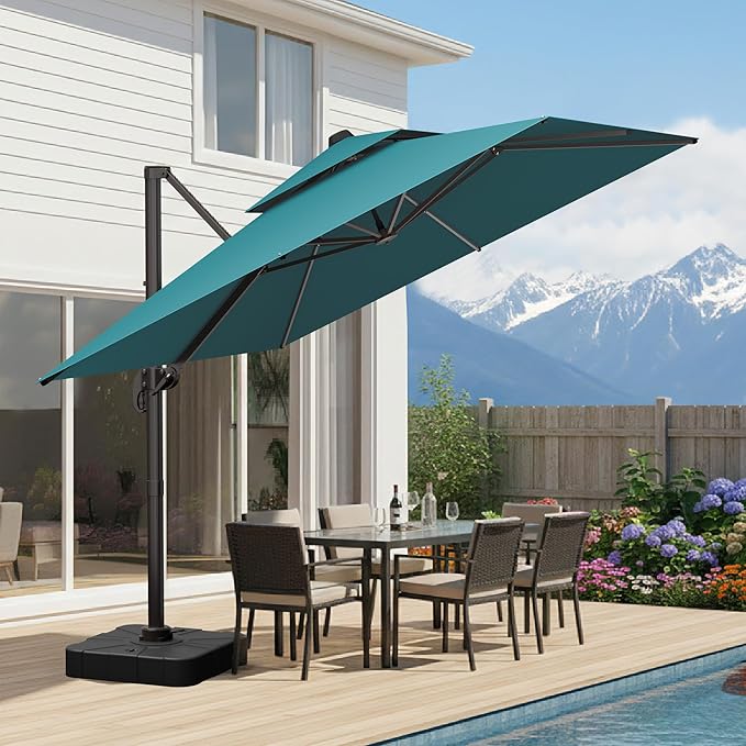 10x10 FT Patio Umbrella, Large Cantilever Double Top Heavy Duty Offset Umbrellas with 360° Rotation, Outdoor shade for Garden Deck Pool, Turquoise