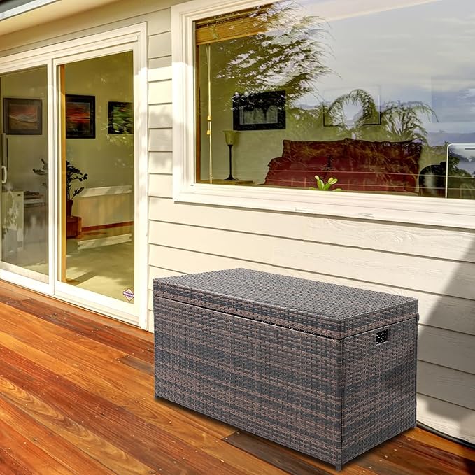 132 Gallon Resin Deck Box,Indoor Outdoor Lockable Storage Container,Ratton Patio Storage Box for Patio Furniture Cushions,Toys,Garden Tools,Pool Supplies (Brown)
