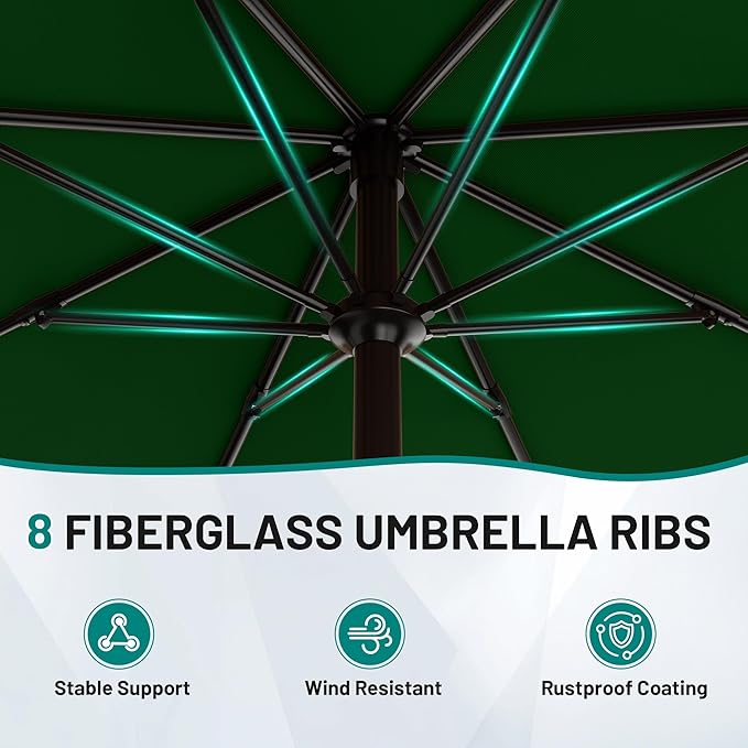 AreShark 10 FT Outdoor Patio Umbrella, Patio Table Umbrella with Push Button Tilt and Crank, Outdoor Patio Umbrellas with 8 Fiberglass Ribs, Patio Umbrellas for Market, Garden, Pool (Dark Green)