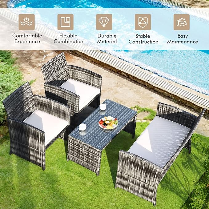 Goplus 4-Piece Rattan Patio Furniture Set, Outdoor Wicker Conversation Sofa with Weather Resistant Cushions and Tempered Glass Tabletop for Lawn Backyard Pool Garden (Beige)