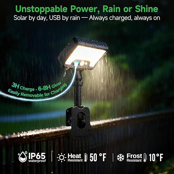 Clip On Fence Solar Lights, 3CCT Motion Sensor Fixture, 600LM 1500mAH Type-C USB & Solar Powered, IP65 Waterproof with Remote for Porch, Tree, Camping - Black (4-Pack)