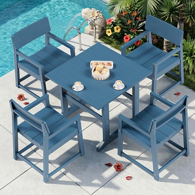 JAMFLY 5 Piece Outdoor Dining Set, All Weather Patio Table and Chairs for Backyard Garden Deck Lawn Pool, Sturdy All Weather Outdoor Furniture Set, Blue