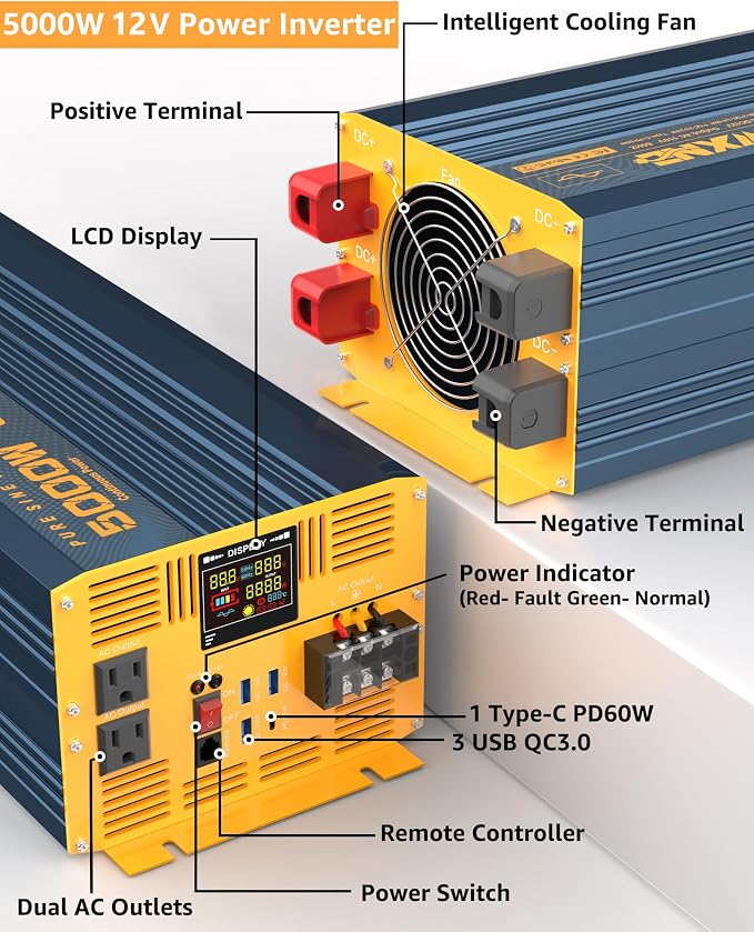 5000 Watt Power Inverter Pure Sine Wave 12V DC to 110V 120V 10000W Peak Heavy Duty Inverter with Remote Control and LED Display, 4 USB/Type-C Ports & 2 AC Outlets Car Charger for Vehicles RV