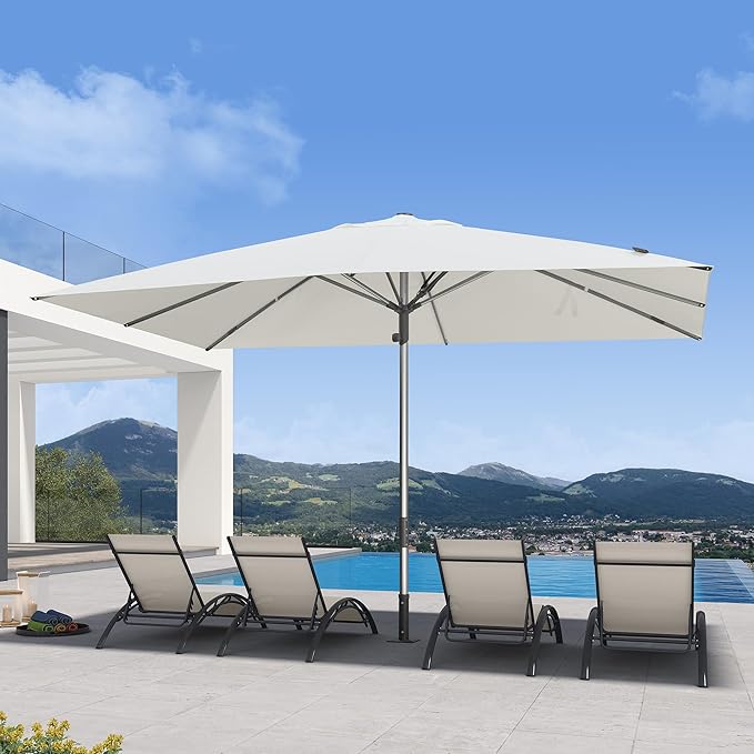 PURPLE LEAF Commercial Grade 10 x 13 FT Heavy Duty Rectangle Market Umbrella Semi Auto Open All Weather Wind Resistant Reinforced Aluminum Frame Outdoor Patio Umbrella for Restaurant Hotel Resort Cafe Poolside Business Use White