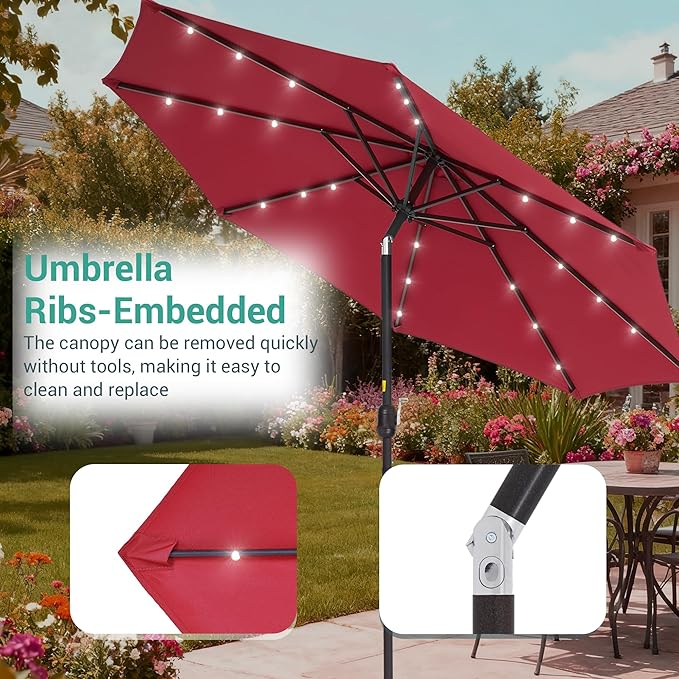9ft Patio Umbrella Outdoor with Solar Lights,32 LED Lighted Table Market Umbrella with Tilt and Crank, 2-Year-Non-Fading, 8 Sturdy Ribs,for Pool, Deck, Garden,Backyard
