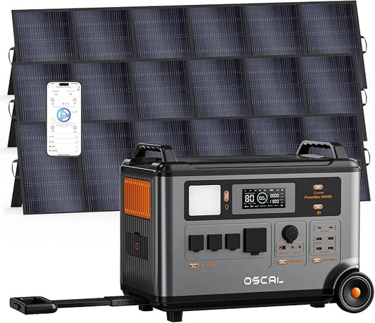OSCAL 3600W Solar Generator with 3x500W Panels included, PowerMax 3600SE 3600Wh Portable Power Station, 1800W AC/ 1600W Solar Fase Charging, LiFePO4 Battery Power Station for Emergencies, Home, RV