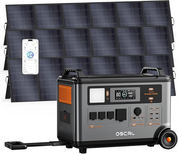 OSCAL 3600W Portable Solar Power Station with 3x500W Solar Panels, PowerMax 3600SE 3600Wh Solar Generator, 1800W AC/ 1600W Solar Fase Charging, LiFePO4 Battery Power Station for Home, RV, Emergencies
