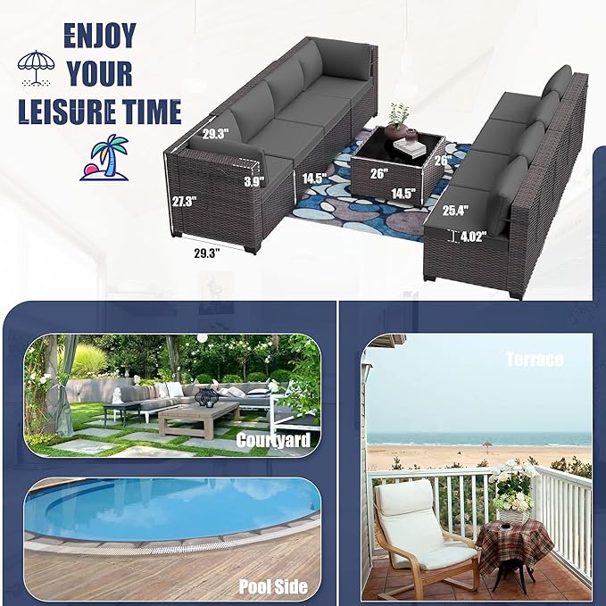 Patio Furniture Set 7PCS Outdoor Furniture for Backyard Sectional Sofa Set, Rattan Wicker Patio Conversation Set with 4 Inch Thickened Cushions and Glass Coffee Table, Grey