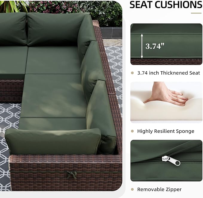 UPHA 5 Pieces Patio Furniture Sets, Wicker Outdoor Sectional Sofa Couch with Coffee Table, Patio Conversation Set for Deck Backyard Garden, Brown Rattan, Pine Green Cushion