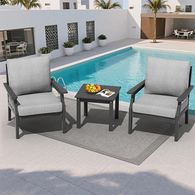 HDPE Patio Conversation Set, 3-Piece All Weather Outdoor Furniture Set with 2 Single Sofas for Deck, Lawn, with Cushion, Gray