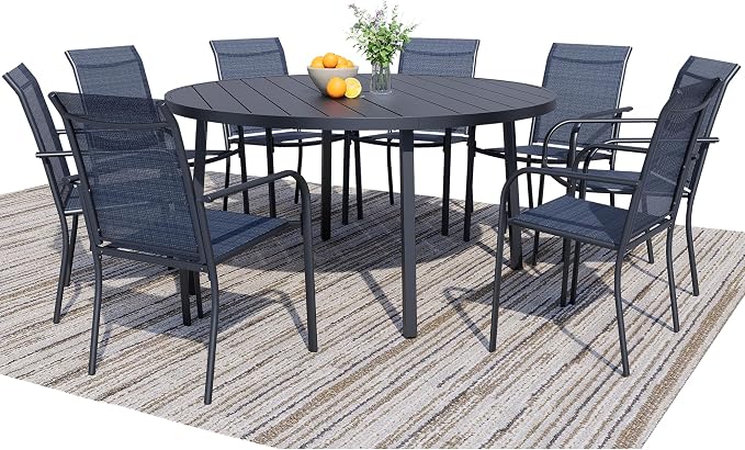 9 Pieces Patio Dining Set for 8, Dark Blue Patio Stackable Chairs and Black Round Table Set of 8, Outdoor Furniture Set with Sling Support for Outside, Garden