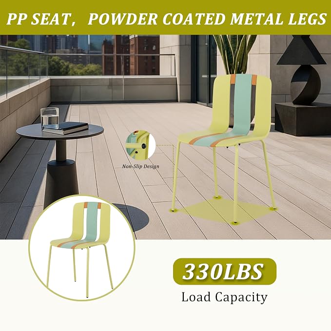 LUMISOL 5 Piece Outdoor Dining Table Set, All Weather Round Table and Chairs Set with Striped Color Block Chairs and Sturdy Metal Legs for Garden, Backyard, Poolside, Yellow+Green+Orange