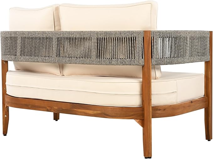 Christopher Knight Home Quixley Outdoor Acacia Wood Loveseat and Coffee Table Set with Cushions, Wooden Patio Conversation Set with 2 Seater Couch+Coffee Table, Chat Set for Balcony Garden, Teak+Beige