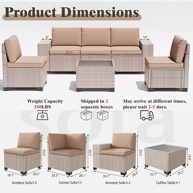 6 Pieces Patio Furniture Set, Outdoor Sectional Wicker Sofa with Thickened Cushions and Coffee Table, High Back Rattan Patio Conversation Sets for Garden Backyard, Khaki