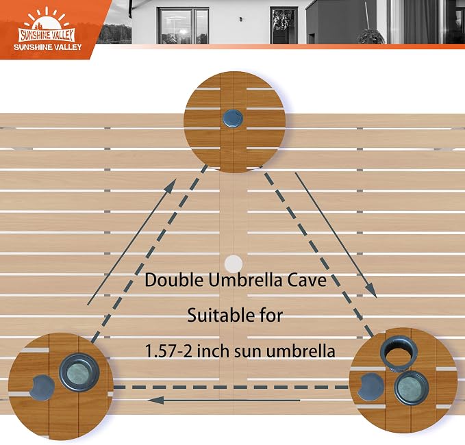 SUNSHINE VALLEY Patio Dining Set,60x36 Outdoor Table w/Umbrella Hole | Outdoor Table and Chairs Set w/ Umbrella Hole, 2 Leg Chairs, 2 Swivel Chairs, 1 Metal Table and 1 Cushioned Bench